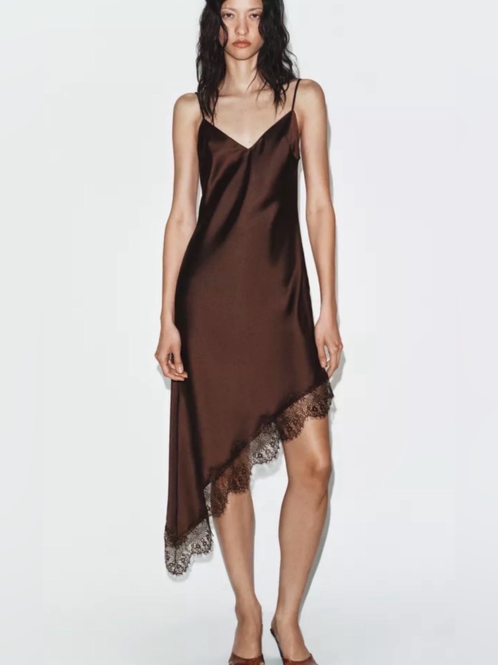 Zara Satin Lace Asymmetric Midi Dress Adjustable Straps V-Neckline Dark Brown La